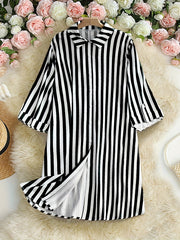 Stripe Print Button Up Roll Up Sleeve Blouse