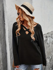 Solid Long Sleeve Sweater Women's Criss Cross V Neck Jumper