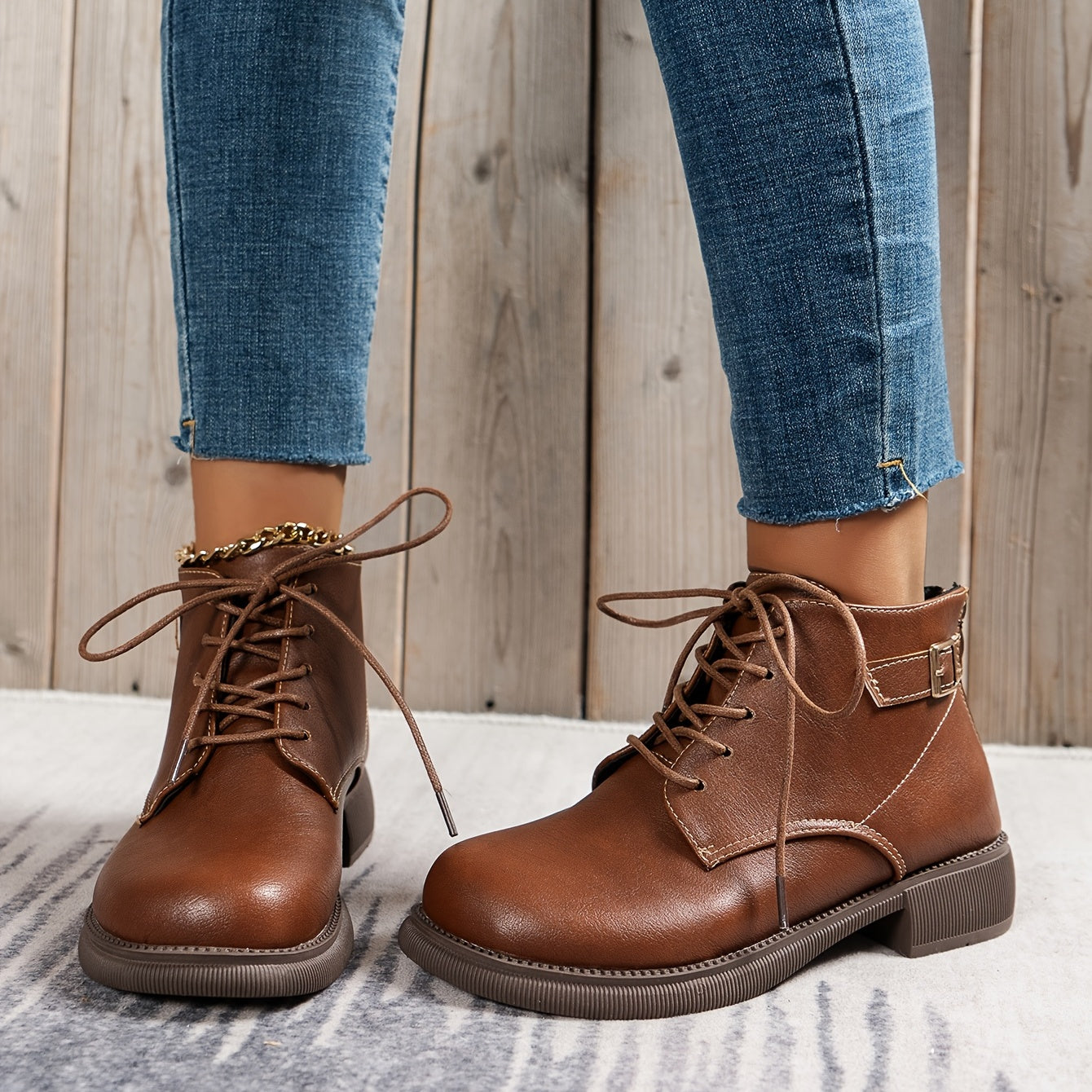 Women's Lace-Up Ankle Boots Solid Faux Leather