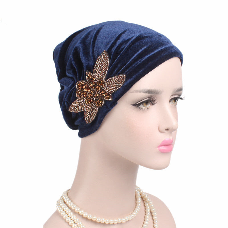 Beaded Flower Turban Cap Hat Accessories Turban Hat Velvet Pleated Hood Beanie