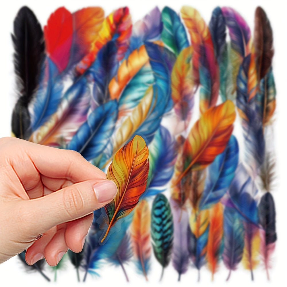 50pcs Vibrant Feather Stickers - Glittery Iridescent Matte - Variety of Surfaces