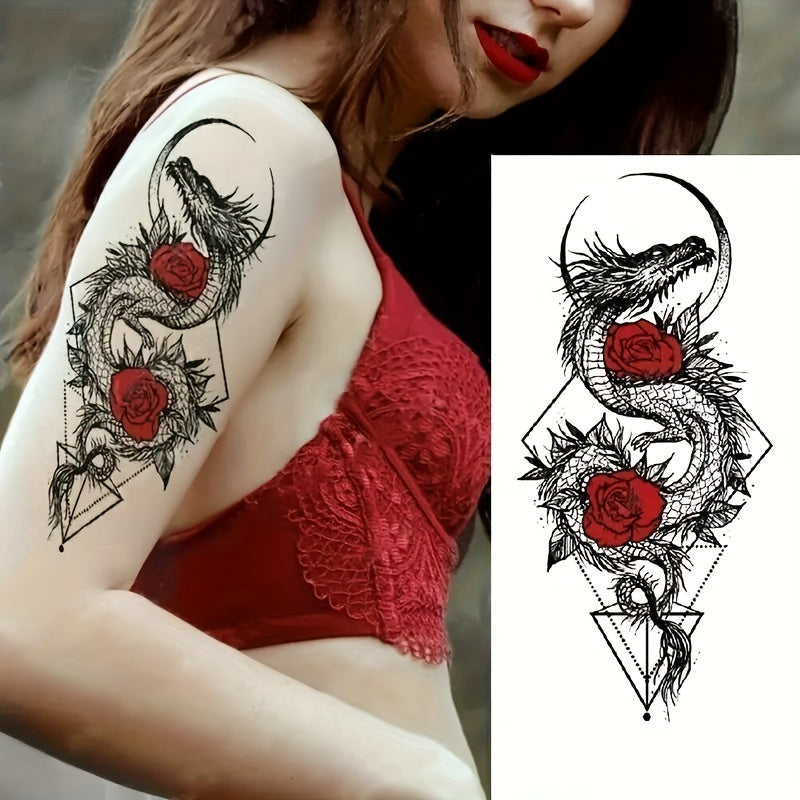 Rose & Dragon Pattern Temporary Tattoo Waterproof Long lasting Tattoo