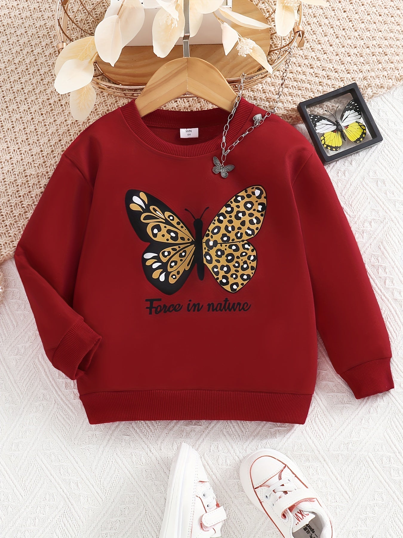 Girls Leopard Butterfly Print Sweatshirt Long Sleeve Top