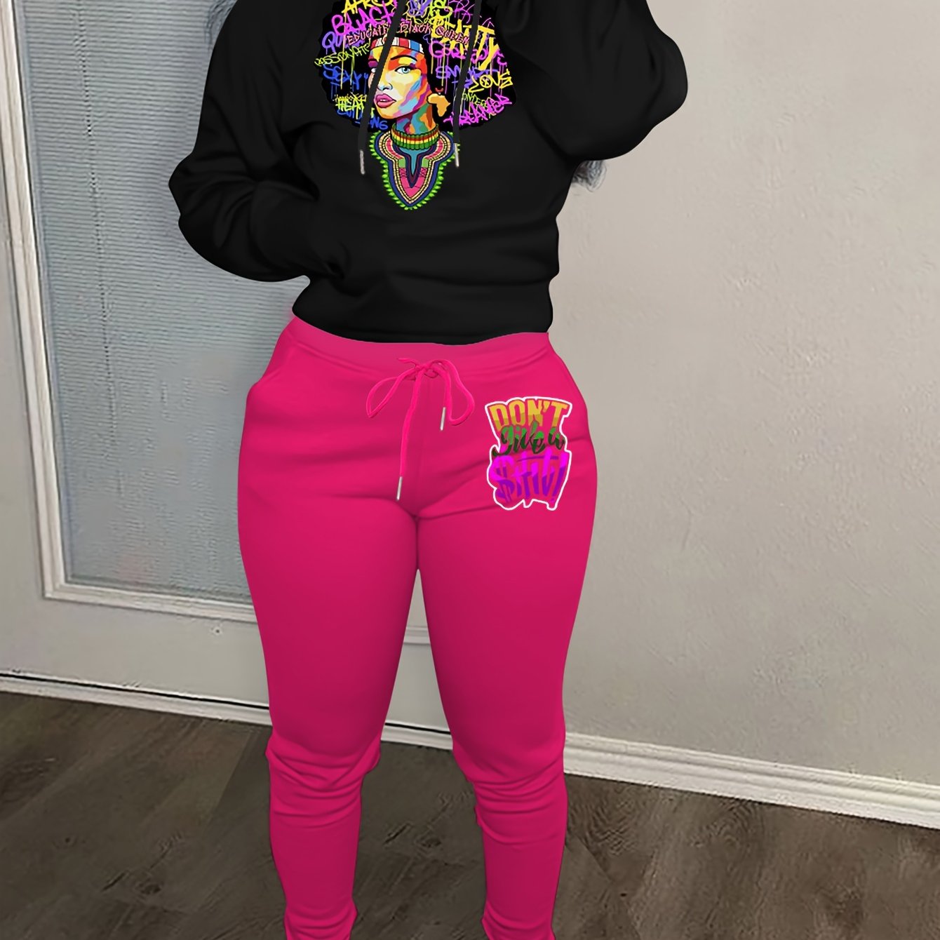 Women's Plus Figure & Letter Print Hoodie & Joggers Outfits 2 Piece Set