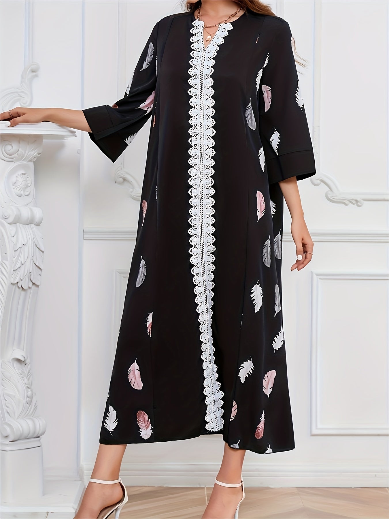 Feather Print Lace Sleeve Maxi Dress