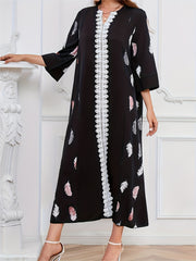 Feather Print Lace Sleeve Maxi Dress