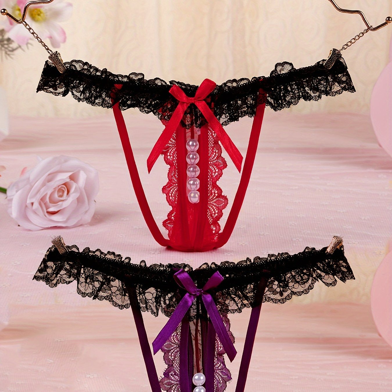 Floral Lace Thongs with Faux Pearl Bow Tie Panties