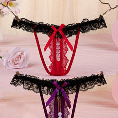 Floral Lace Thongs with Faux Pearl Bow Tie Panties