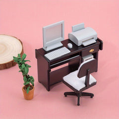 1:12 Dollhouse Computer Desk and Chair Set - Durable Accessories for Play