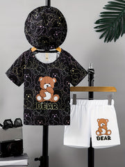 Boys Bear Graphic Print T-shirt Shorts Hat Set