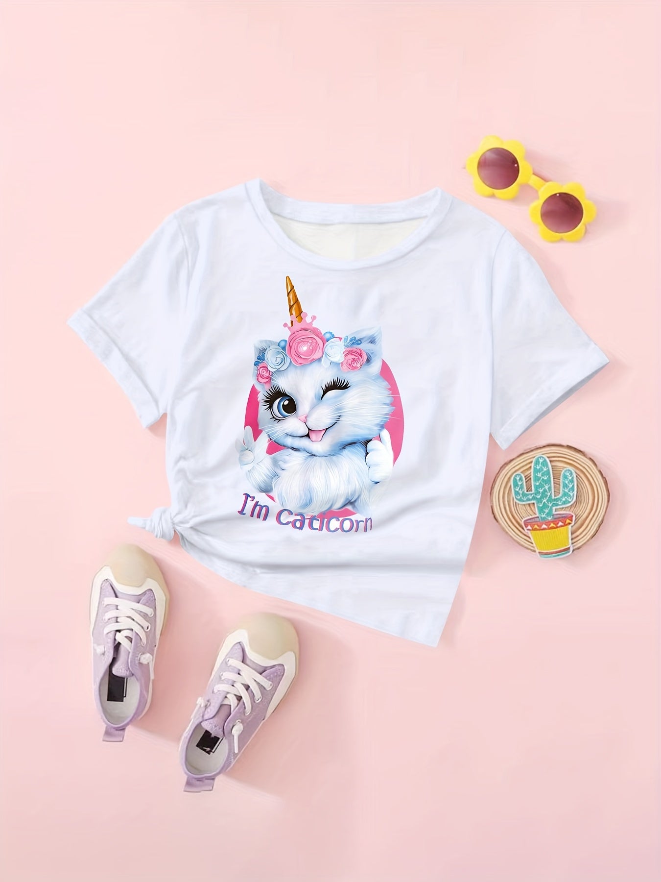 Cartoon Cat Graphic Short Sleeve T-Shirt for Girls - Summer Gift