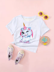 Cartoon Cat Graphic Short Sleeve T-Shirt for Girls - Summer Gift