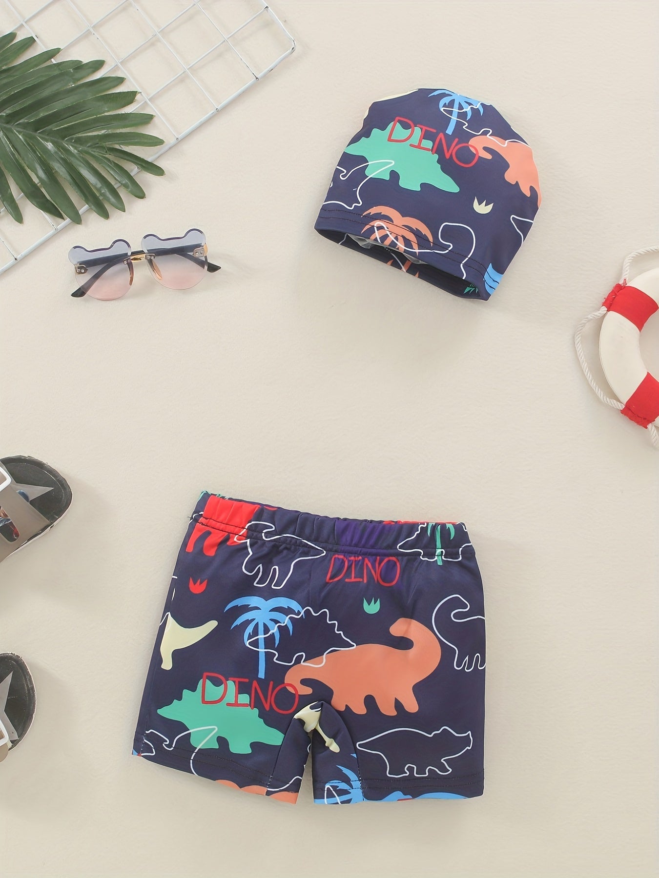 Boys Dinosaur Print Swim Trunks & Cap Set for Beach Vacation