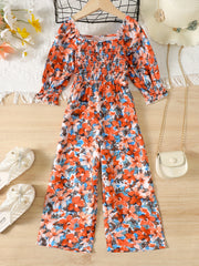 Girls Floral Print Square Neck Long Sleeve Jumpsuit