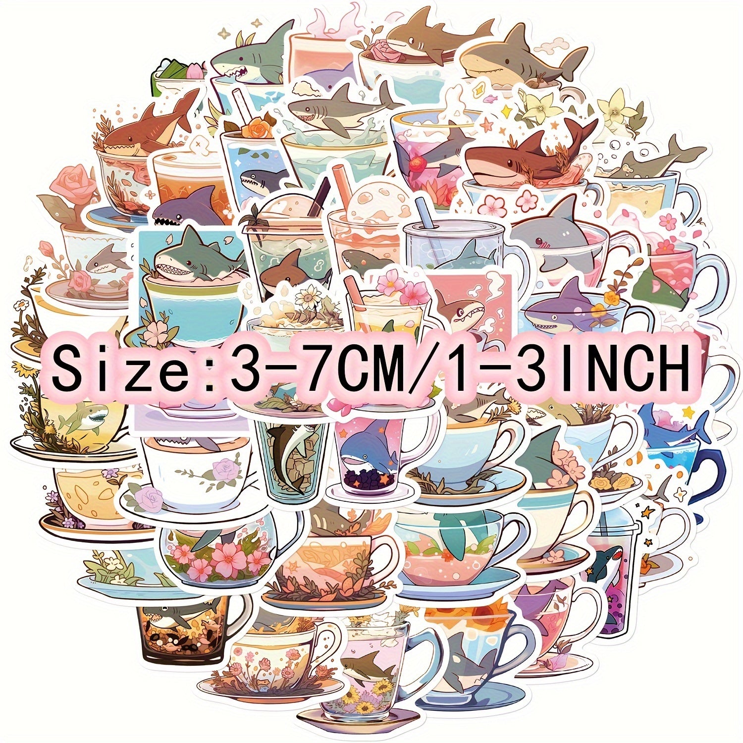 50pcs Cartoon Shark Cup Graffiti Stickers Waterproof