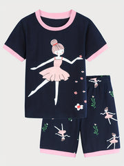 2pcs Toddler Girls Cotton Pajamas Set with Ballerina Graphic Tee & Floral Shorts