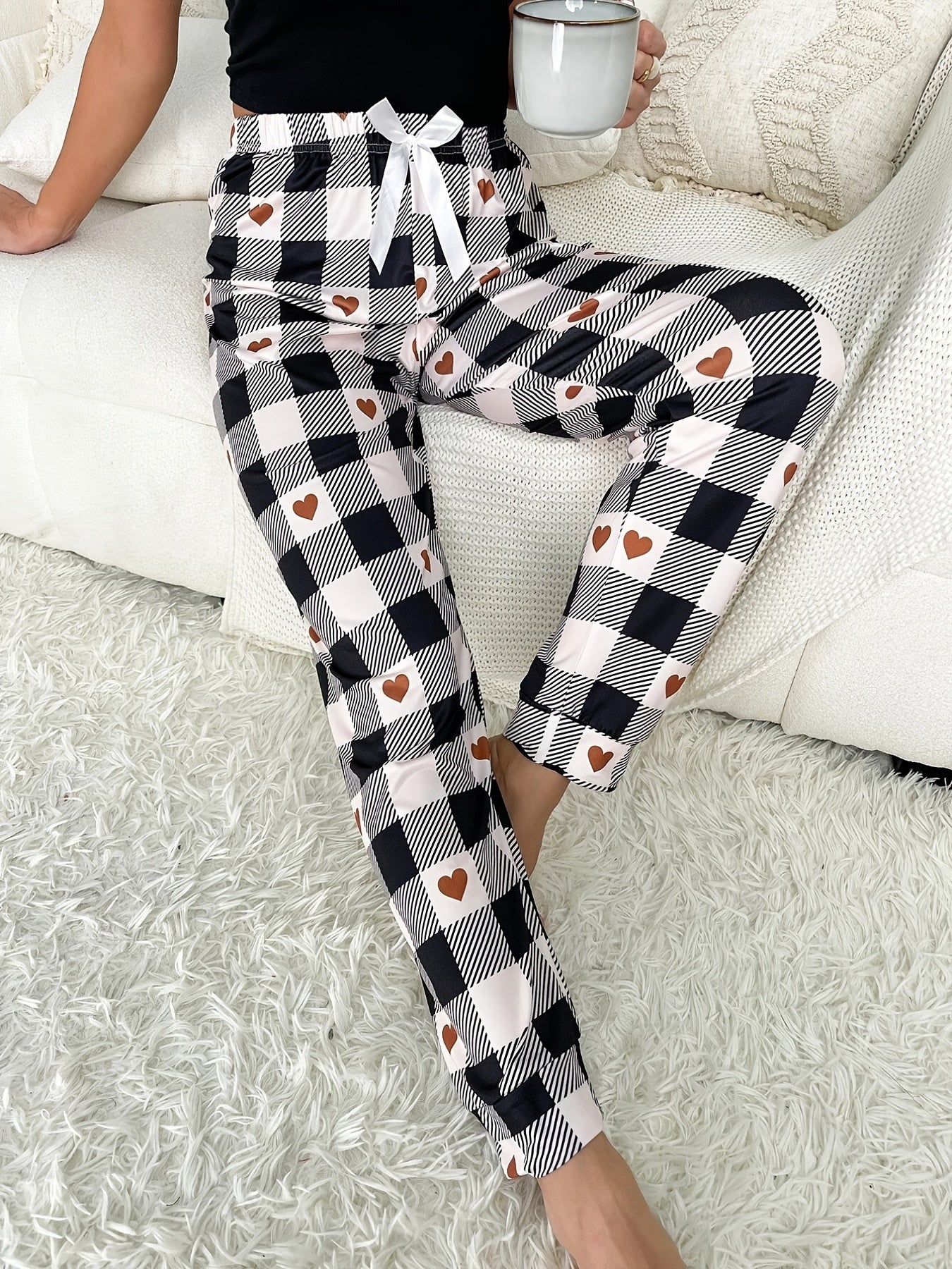 Heart Print Plaid Sleep Bottoms Casual & Comfy Bow Sleep Pants Women's Sleepwear