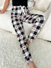 Heart Print Plaid Sleep Bottoms Casual & Comfy Bow Sleep Pants Women's Sleepwear