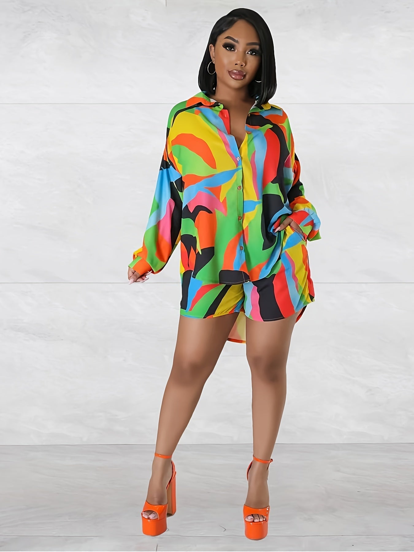 Colorblock Button Up Tunic Blouse & Shorts Set