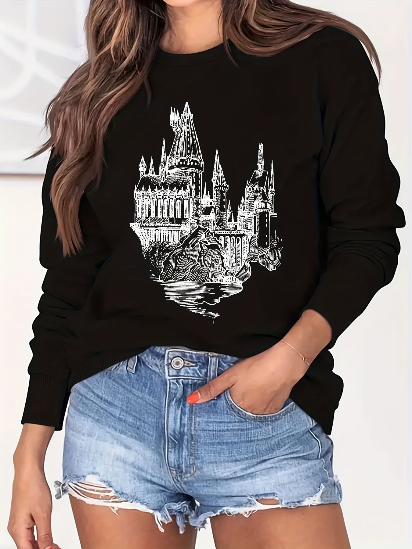 Castle Print Sweatshirt Crew Neck Long Sleeve Casual