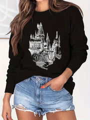 Castle Print Sweatshirt Crew Neck Long Sleeve Casual