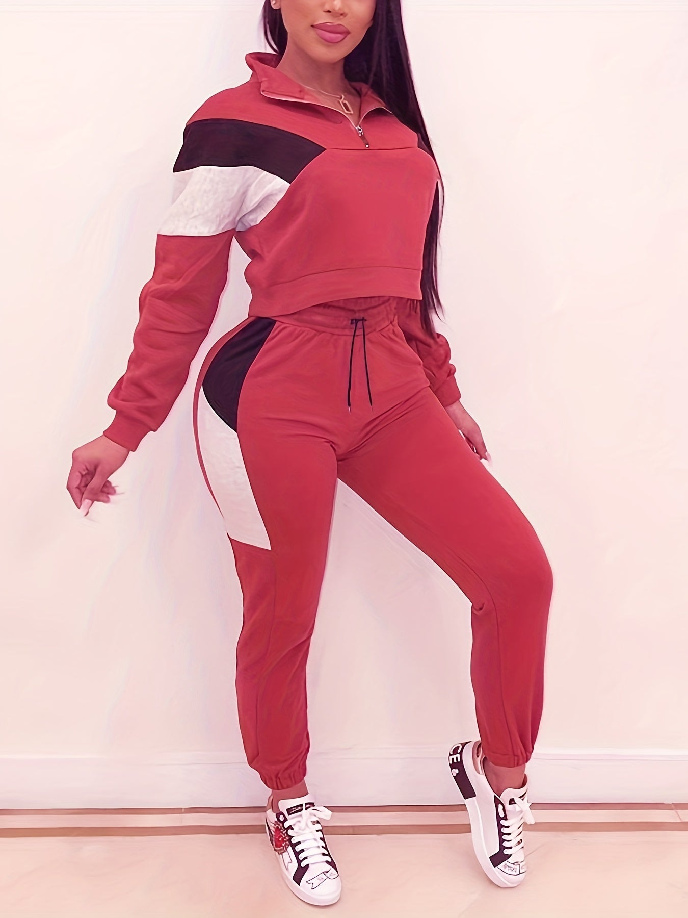 Patchwork Print Zip Up Pullover Top & Joggers Set
