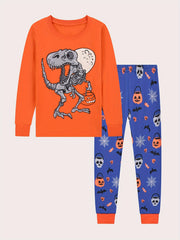 2pcs Dinosaur Skeleton Halloween Pajamas Set Long Sleeve Top & Pants