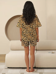 Leopard Print Pajama Set Crew Neck Short Sleeve Top & Shorts