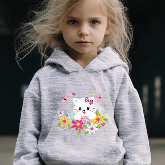 Sweet Kitty & Flower Print Girls Outfit For Sports - Spring/Fall