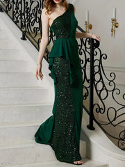 Plus Glitter Sequin One Shoulder Ruffle Trim Wedding Party Dress