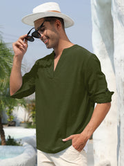 Men's Solid Long Sleeve V-Neck Shirt for Spring/Fall