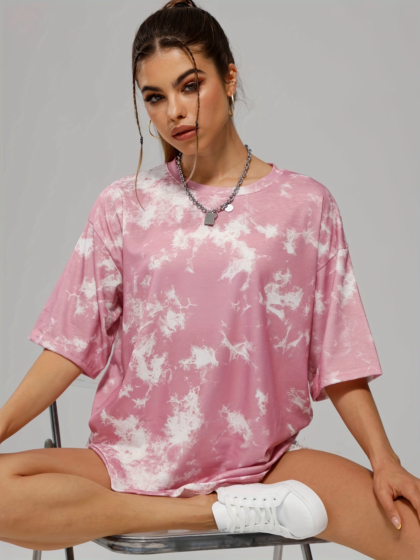 Tie Dye Crew Neck Sports T Shirt Short Sleeve Casual Summer Tee Women's Top