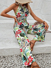 Tropical Print Backless Jumpsuit Sleeveless Wide Leg Women's Clothing