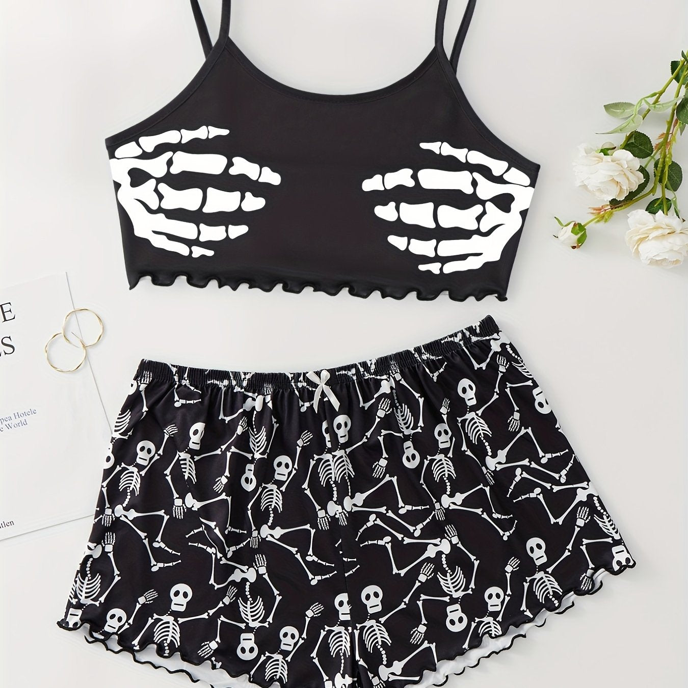 Skull Print Cami Top & Shorts Pajama Set Plus Size 2pcs Set