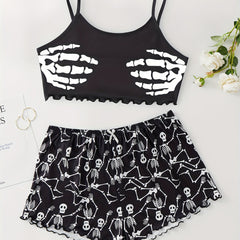 Skull Print Cami Top & Shorts Pajama Set Plus Size 2pcs Set