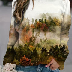 Forest Print Pullover Sweatshirt Long Sleeve Crew Neck Women's Clothing