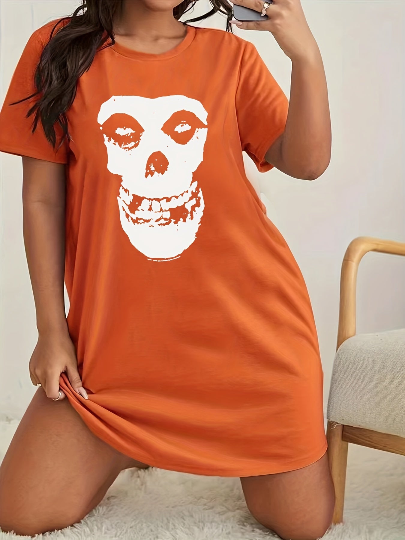 Skull Print Short Sleeve Round Neck Tee Sleep Dress
