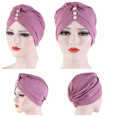 Faux Pearl Decor Turban Cap Solid Hijab Chemo Cap