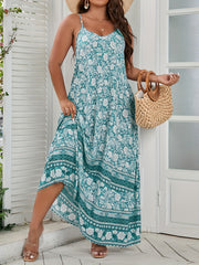 Boho Dress Women's Plus Border Floral Print V Neck Slight Stretch Maxi