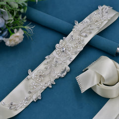 Floral & Pearl Embellished Bridal Sash - Wedding Dress Belt