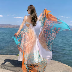 Leaf Print Scarf Orange Gauze Shawl Large Wrap
