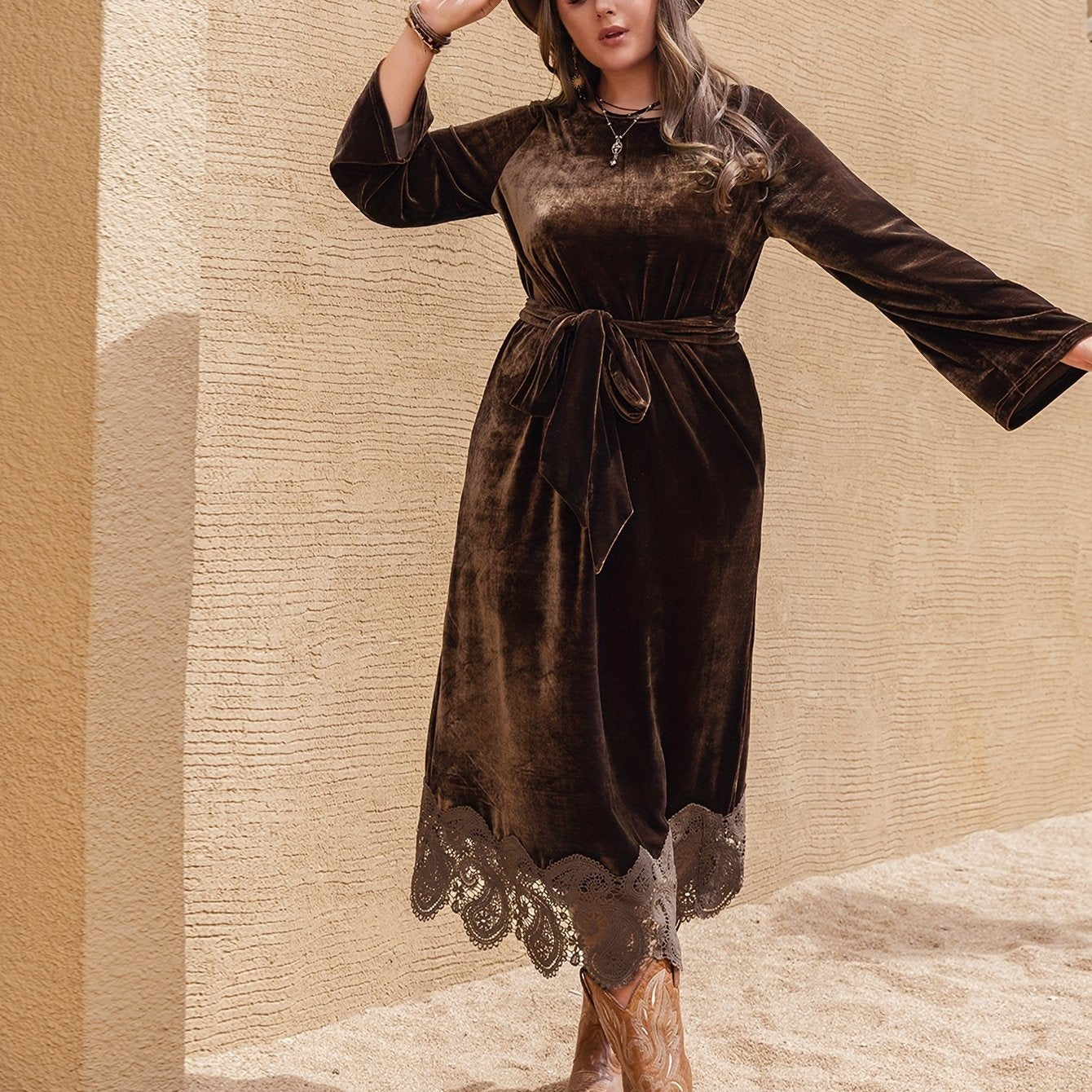 Velvet Lace Sleeve Round Neck Dress With Belt