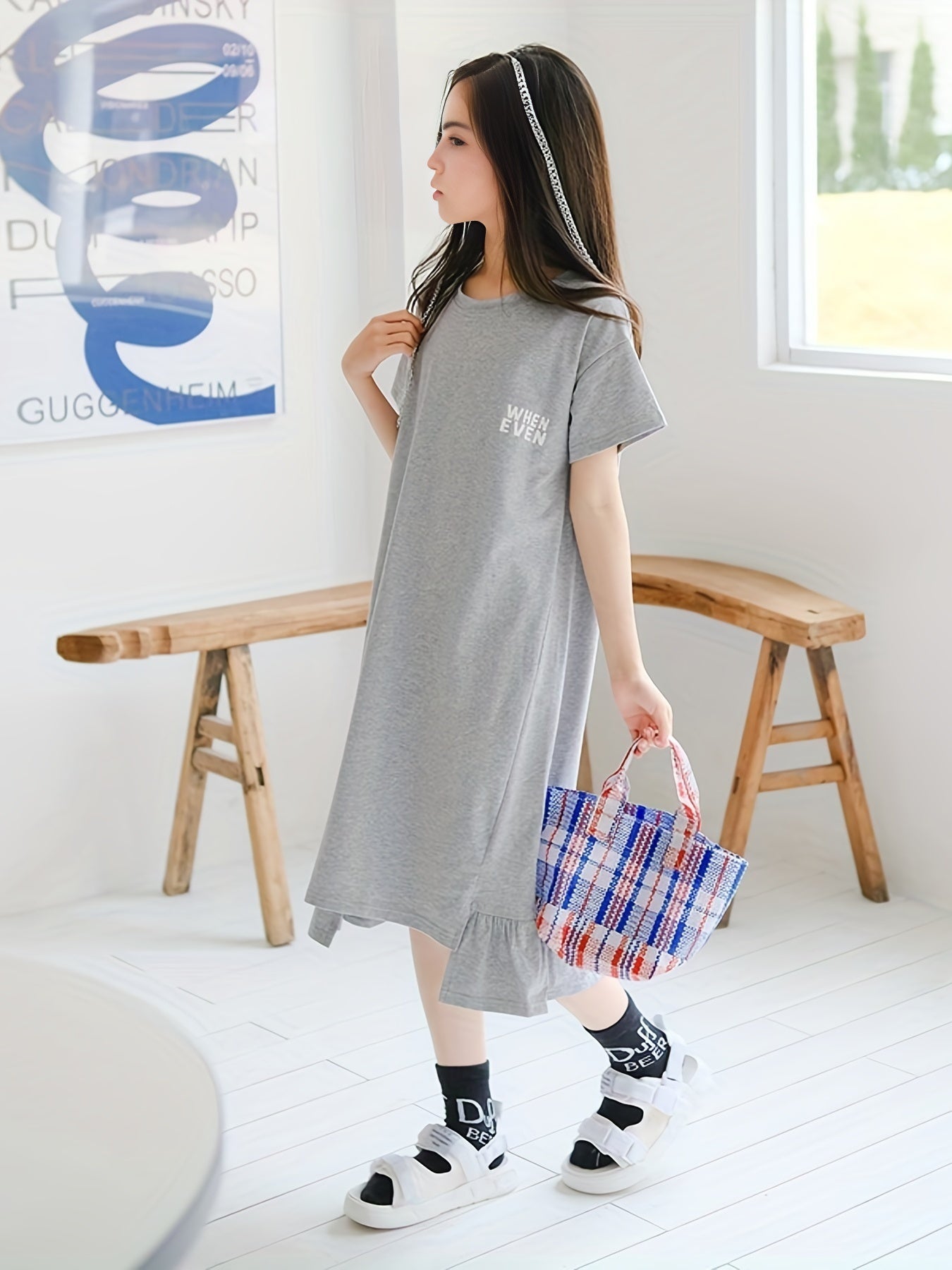 Girl's Cotton Tee Dress Short Sleeve Crew Neck Dress For Summer