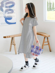 Girl's Cotton Tee Dress Short Sleeve Crew Neck Dress For Summer