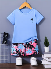 Boys Coconut Tree Print Tee & Shorts 2pcs Set