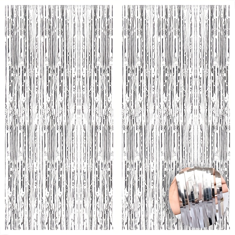 2 Pack Silvery Tinsel Curtain Party Backdrop Metallic Foil Fringe Door Fringe
