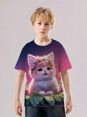 3D Flower Cat Graphic T-shirt Girls Casual Short Sleeve Tees Summer Clothes
