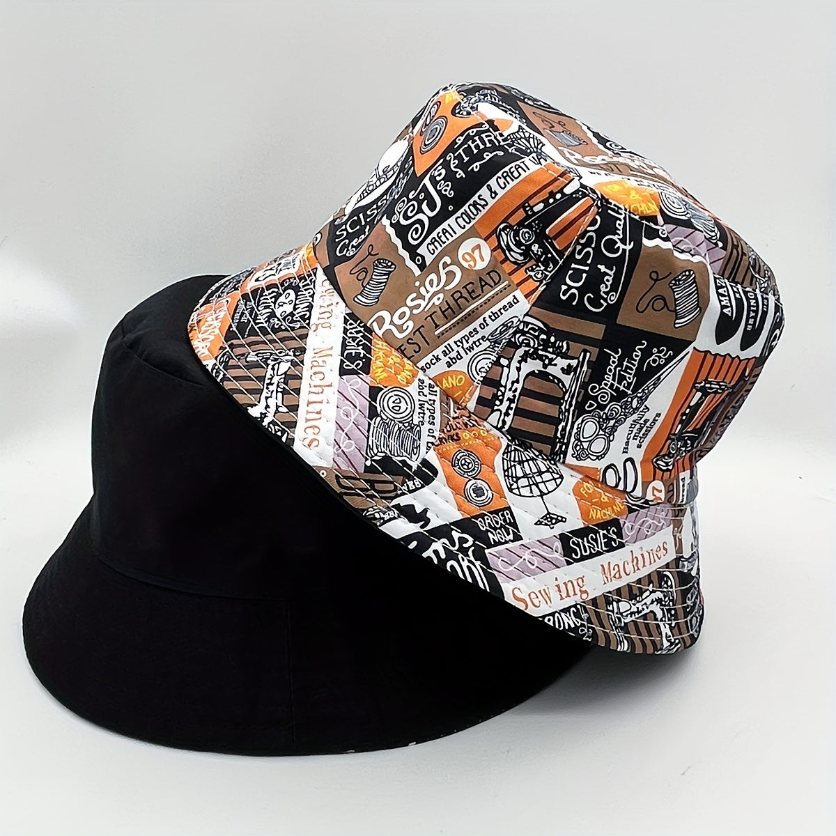 Letter Graffiti Print Bucket Hat Vintage Reversible Sunscreen Fisherman Cap