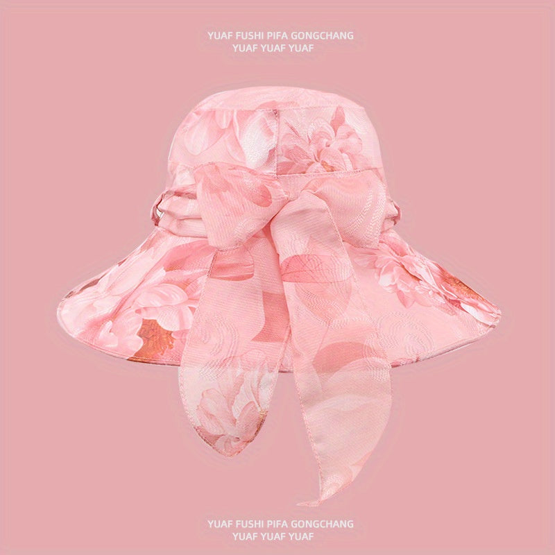 Braided Ribbon Bow Decor Sun Hat Wide Brim Foldable Bucket Hat