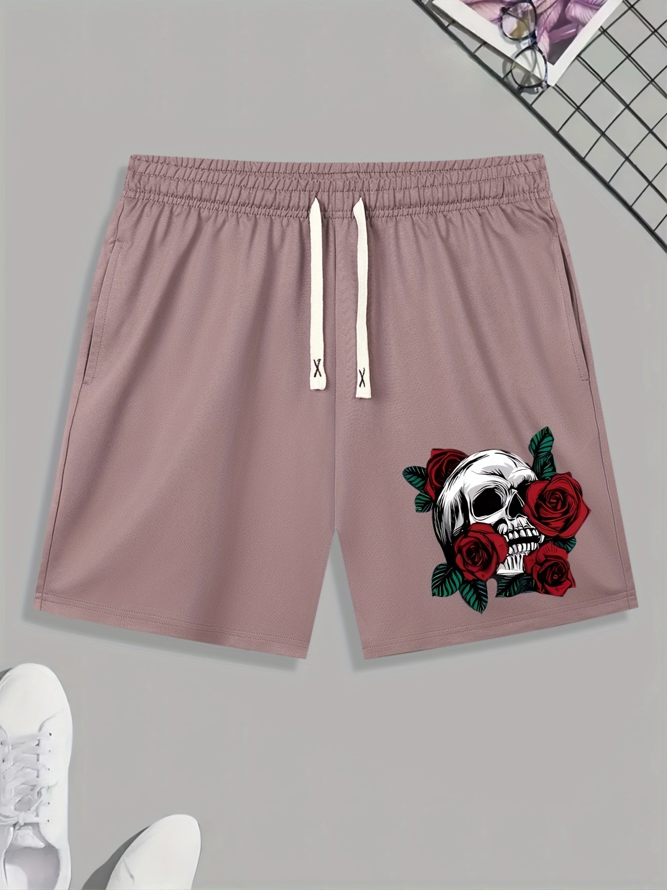 Skull & Rose Print Men's Activewear Drawstring Shorts
